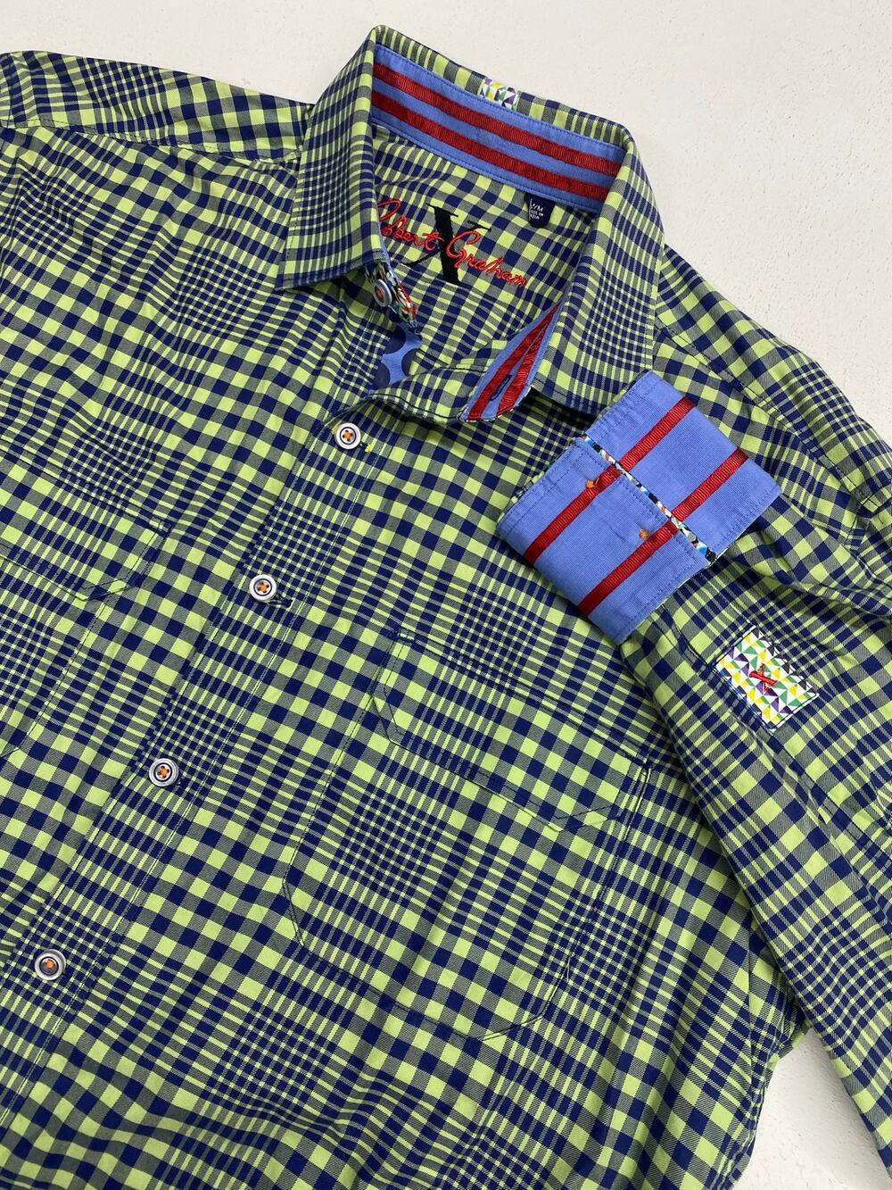 Robert Graham X double pocket plaid striped flip cuff button up dress shirt M